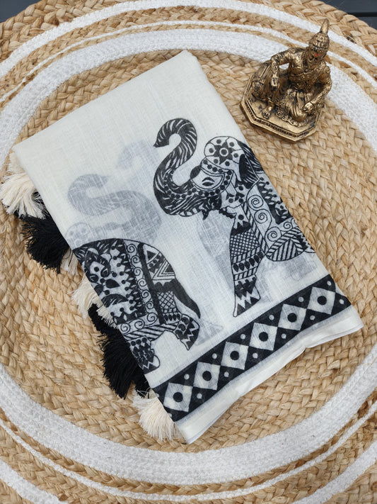 Pure Linen Cotton Madhubani Elephant Print Saree