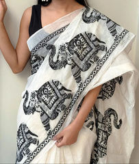 Pure Linen Cotton Madhubani Elephant Print Saree