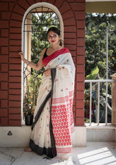 Women's Premium Pure Linen Cotton Saree | Traditional Handloom Style Geometric Motif Print Casual & Festive Sari with Temple Border Look & Unstitched Blouse Piece | Luxury Lightweight Summer Wear (Off-White, Crimson Red & Charcoal Grey)