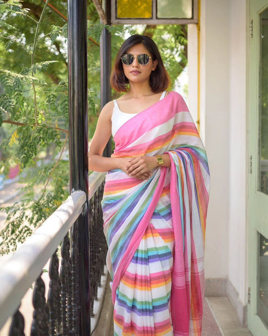 Pure Linen Cotton Rainbow Stripe Saree