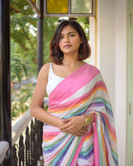 Women's Premium Pure Linen Cotton Saree | Vibrant Multicolor Horizontal Rainbow Striped Casual Sari with Unstitched Blouse Piece | Luxury Lightweight Summer Wear & Festive Day Sari (Off-White, Candy Pink & Multi-Stripes)