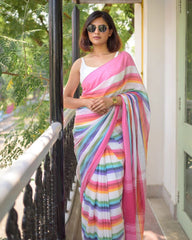 Pure Linen Cotton Rainbow Stripe Saree