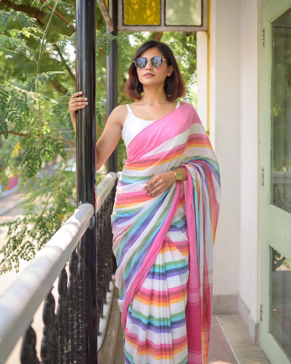 Women's Premium Pure Linen Cotton Saree | Vibrant Multicolor Horizontal Rainbow Striped Casual Sari with Unstitched Blouse Piece | Luxury Lightweight Summer Wear & Festive Day Sari (Off-White, Candy Pink & Multi-Stripes)