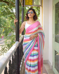 Pure Linen Cotton Rainbow Stripe Saree