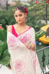 White Luxury Linen With Elegant Jalar And Premium Look Saree For Women