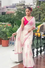 White Luxury Linen With Elegant Jalar And Premium Look Saree For Women