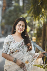 Women's Premium Pure Linen Cotton Saree | Artistic Floral & Geometric Box Printed Casual Sari with Matching Unstitched Blouse Piece | Luxury Lightweight Summer & Office Wear (Off-White & Pastel Multi-Color)