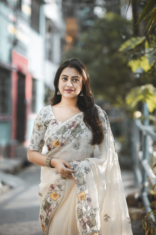 Pure Linen Cotton Floral Geometric Print Saree