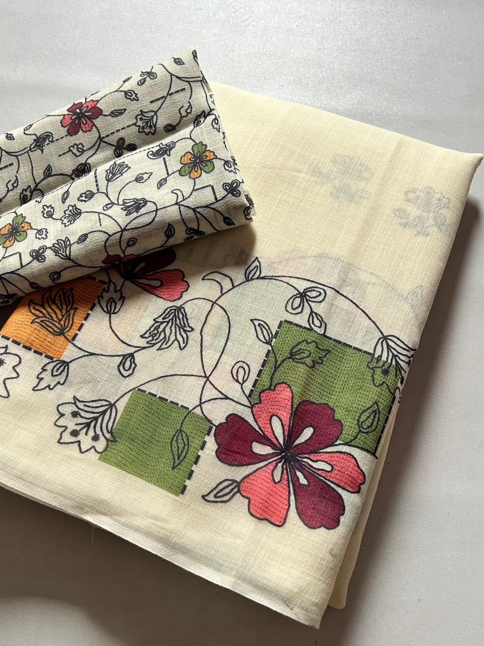 Women's Premium Pure Linen Cotton Saree | Artistic Floral & Geometric Box Printed Casual Sari with Matching Unstitched Blouse Piece | Luxury Lightweight Summer & Office Wear (Off-White & Pastel Multi-Color)
