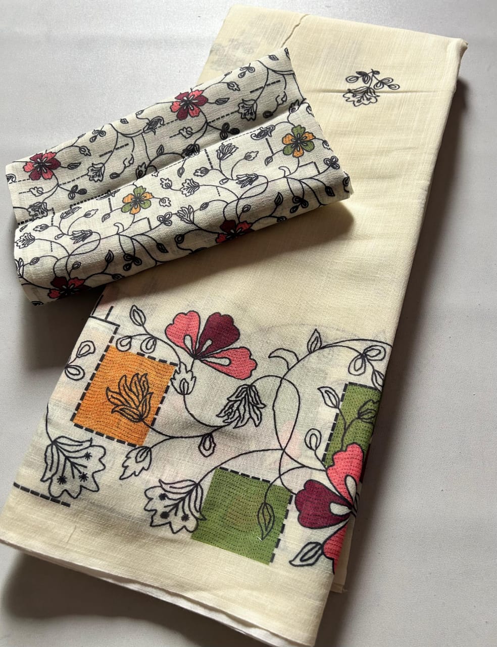 Women's Premium Pure Linen Cotton Saree | Artistic Floral & Geometric Box Printed Casual Sari with Matching Unstitched Blouse Piece | Luxury Lightweight Summer & Office Wear (Off-White & Pastel Multi-Color)