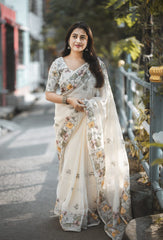 Pure Linen Cotton Floral Geometric Print Saree