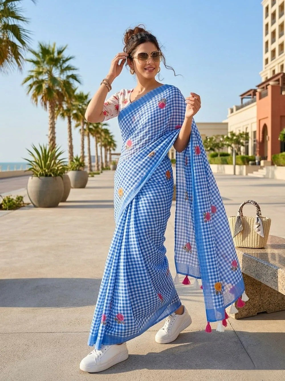 Indigo Check Cotton Saree – Floral Embroidery with Blouse Piece