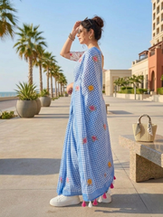 Indigo Check Cotton Saree – Floral Embroidery with Blouse Piece