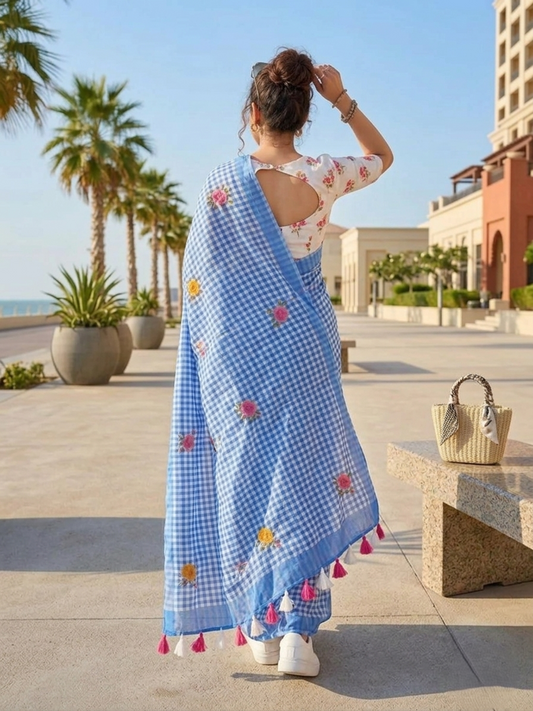 Indigo Check Cotton Saree – Floral Embroidery with Blouse Piece