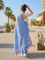 Indigo Check Cotton Saree – Floral Embroidery with Blouse Piece