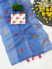 Indigo Check Cotton Saree – Floral Embroidery with Blouse Piece