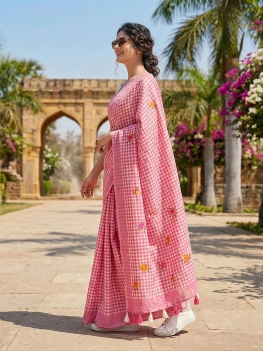 Blush Pink Check Cotton Saree – Floral Embroidery with Blouse Piece