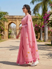 Blush Pink Check Cotton Saree – Floral Embroidery with Blouse Piece
