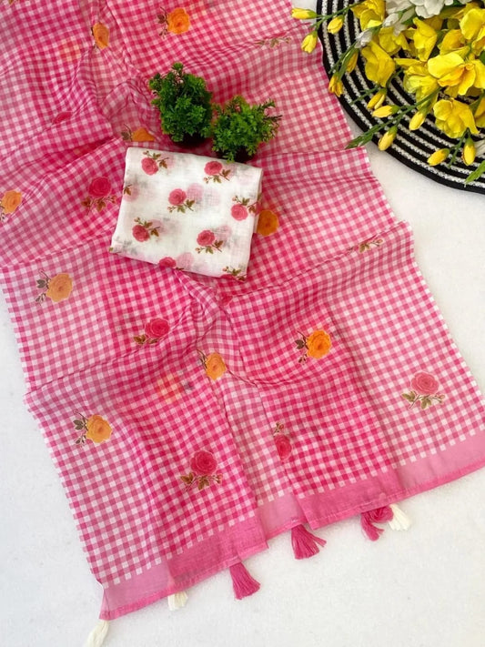 Blush Pink Check Cotton Saree – Floral Embroidery with Blouse Piece