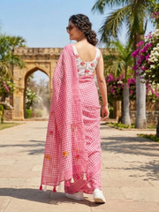 Blush Pink Check Cotton Saree – Floral Embroidery with Blouse Piece