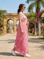 Blush Pink Check Cotton Saree – Floral Embroidery with Blouse Piece
