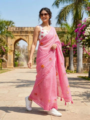 Blush Pink Check Cotton Saree – Floral Embroidery with Blouse Piece