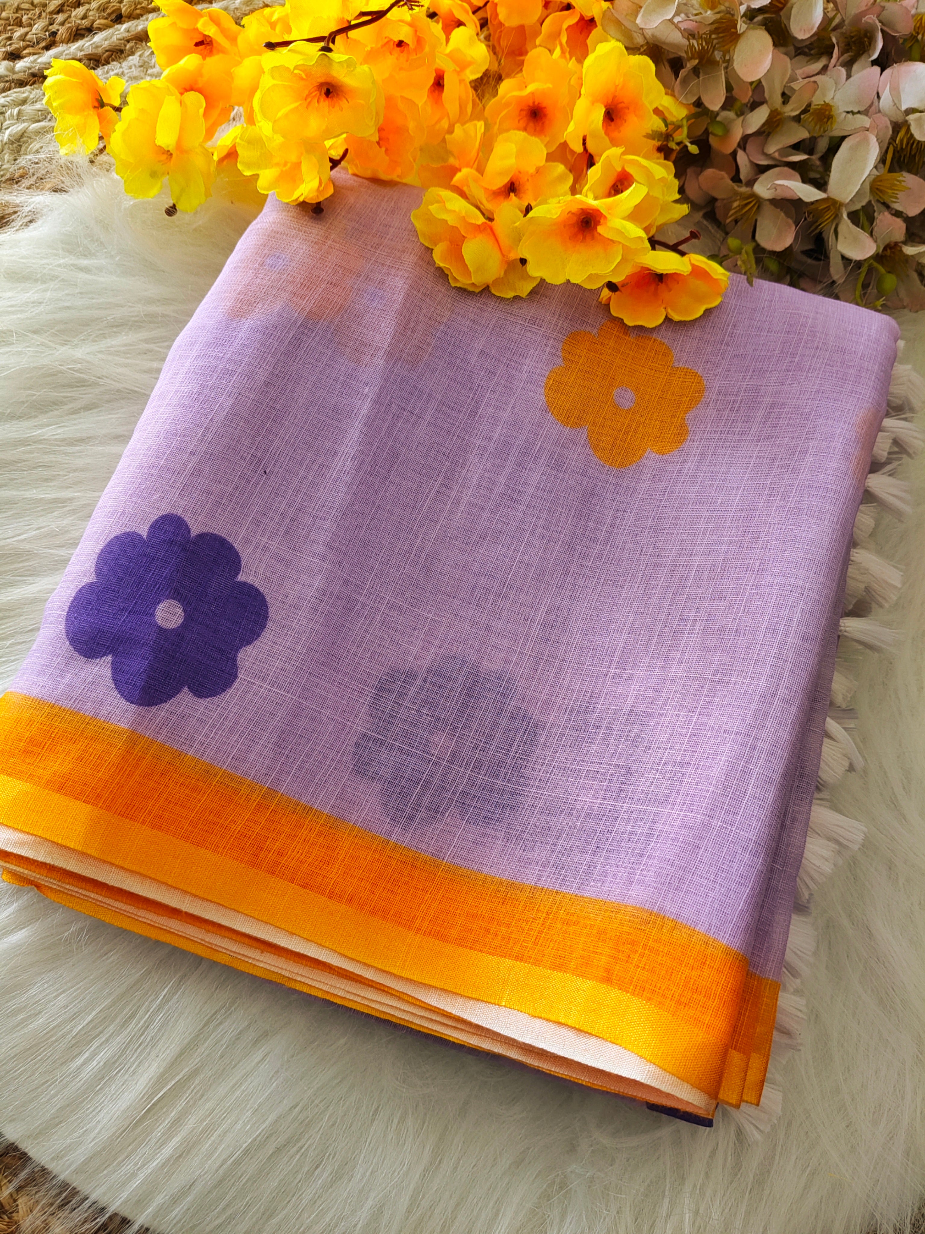 Women's Cotton Linen Blend Saree | Trendy Light Pink Floral Motif Print Casual Sari with Striped Pallu & Unstitched Blouse Piece | Lightweight Summer & Daily Wear (Baby Pink, Yellow & Purple)