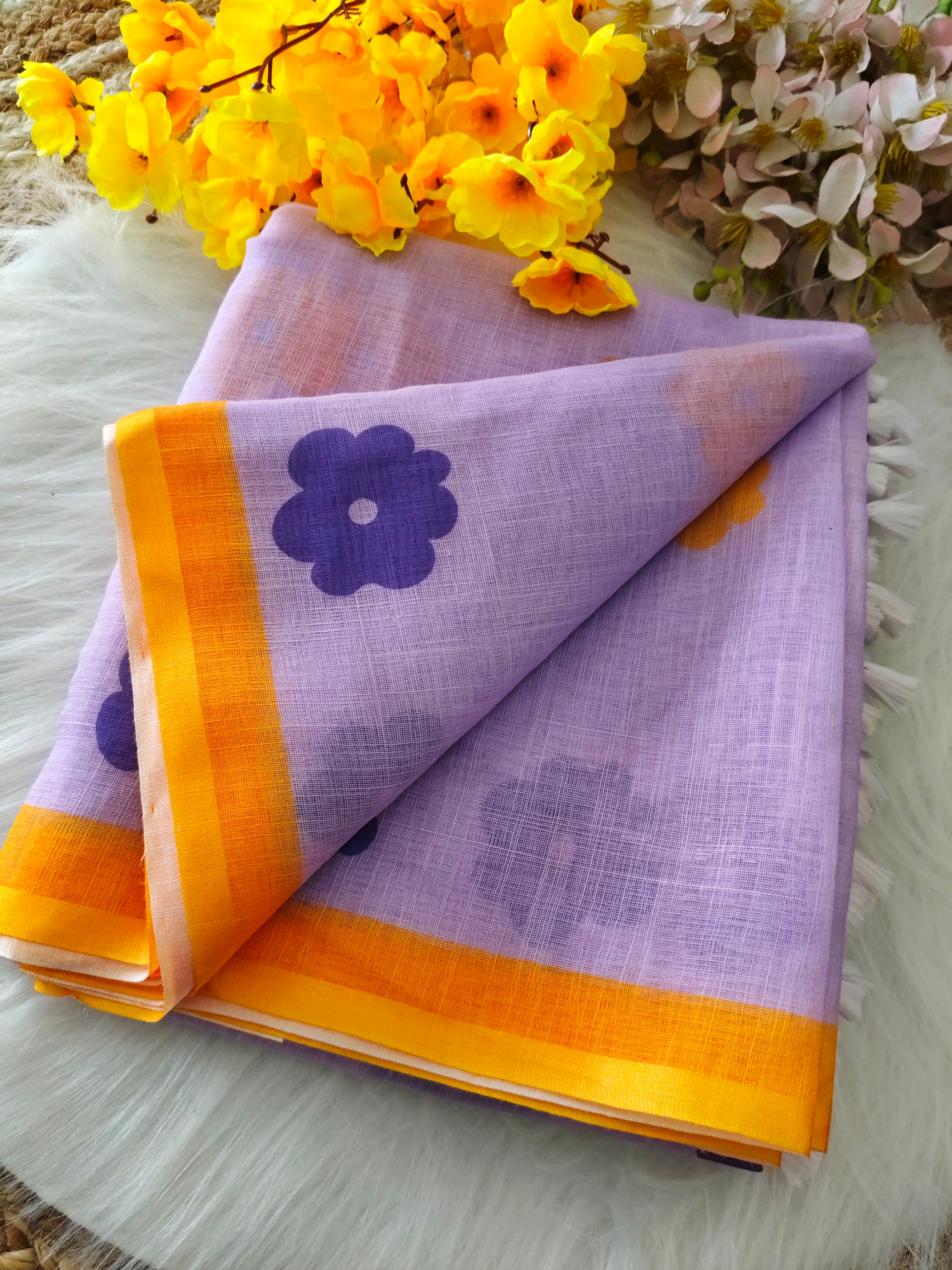 Women's Cotton Linen Blend Saree | Trendy Light Pink Floral Motif Print Casual Sari with Striped Pallu & Unstitched Blouse Piece | Lightweight Summer & Daily Wear (Baby Pink, Yellow & Purple)