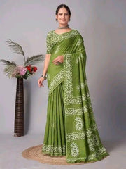 Olive Elegance Pure Linen Cotton Saree