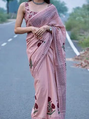 Blush Bloom Pure Linen Cotton Saree