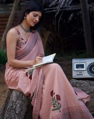 Blush Bloom Pure Linen Cotton Saree