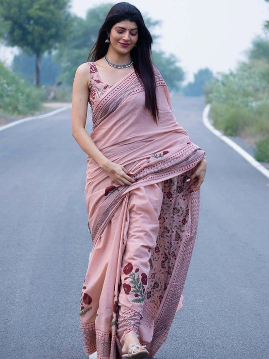 Blush Bloom Pure Linen Cotton Saree