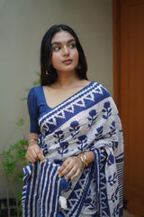 Indigo Bloom Pure Linen Cotton Saree