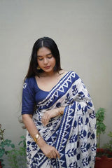 Indigo Bloom Pure Linen Cotton Saree