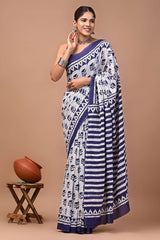Indigo Bloom Pure Linen Cotton Saree