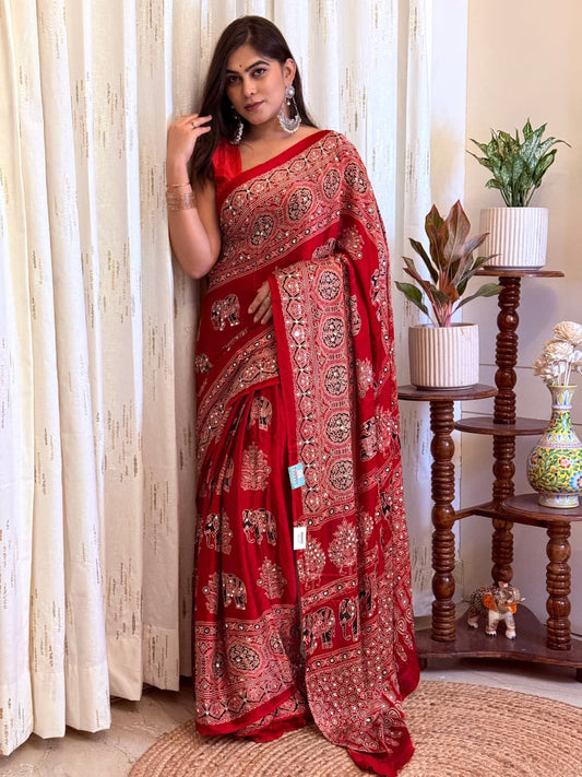 Royal Red Mirror Ajrakh Modal Silk Saree with Blouse Set