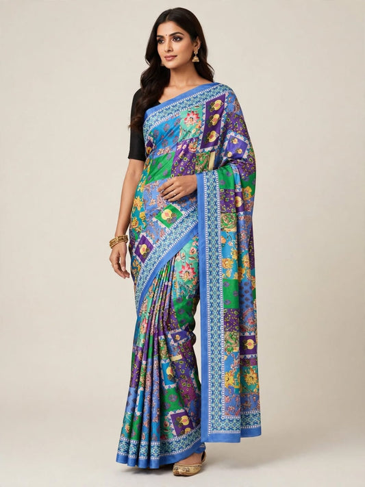 Royal Blue Multicolor Ajrakh Modal Silk Saree with Blouse Set
