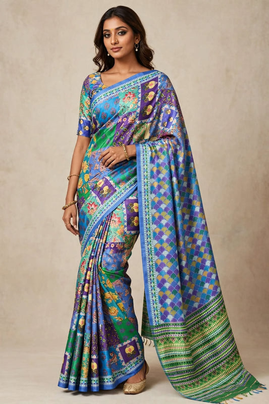 Royal Blue Multicolor Ajrakh Modal Silk Saree with Blouse Set