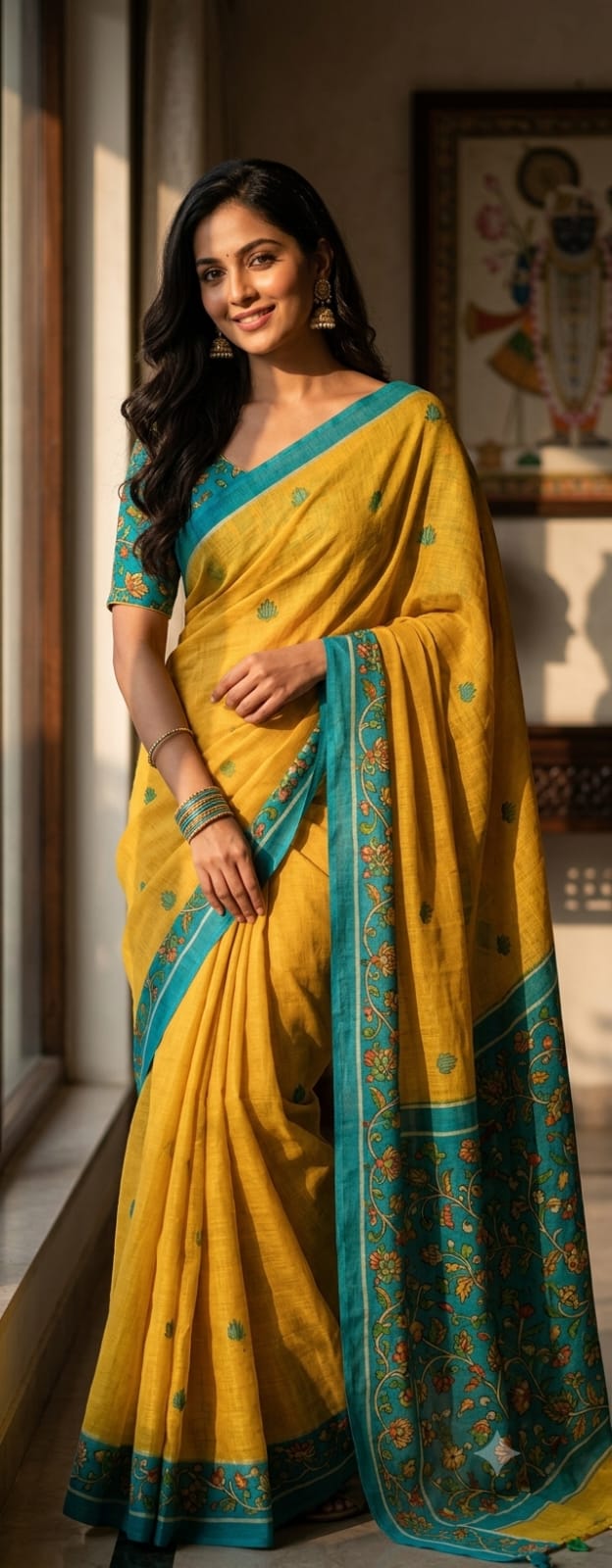 Pure Linen Cotton Kalamkari Pallu Saree – Sun Yellow & Teal Green