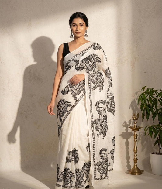 Pure Linen Cotton Madhubani Elephant Print Saree