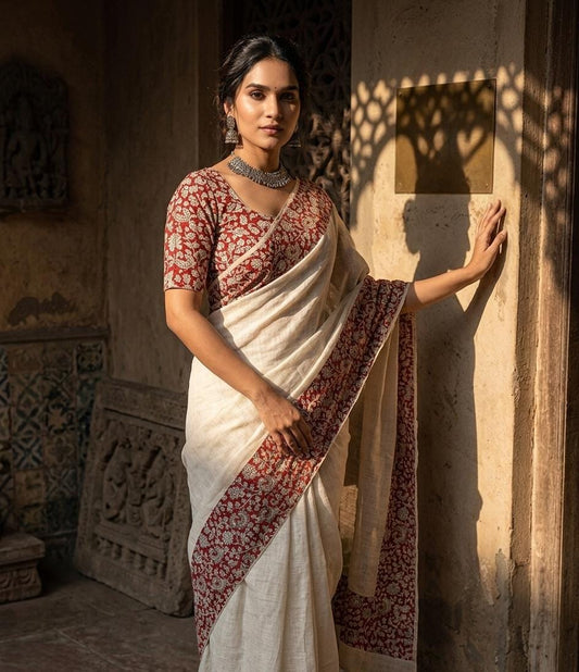 Pure Linen Cotton Kalamkari Floral Saree