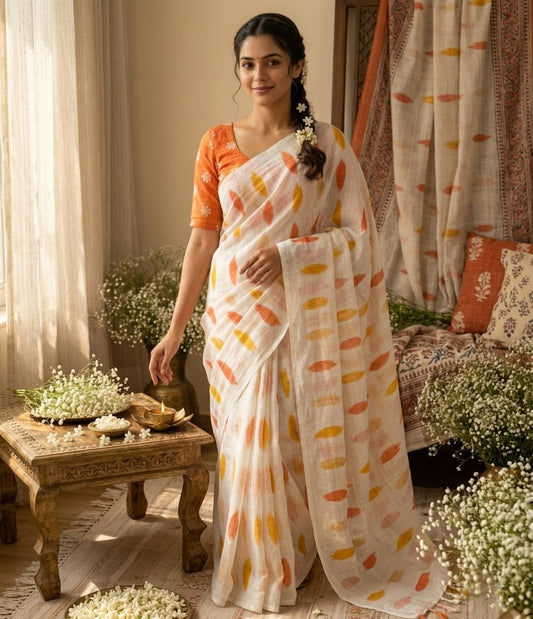 Sunrise Dots Pure Linen Cotton Saree