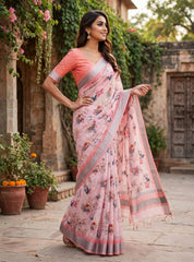 Premium Pure Linen Cotton Floral Print Saree