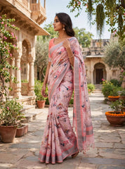 Premium Pure Linen Cotton Floral Print Saree