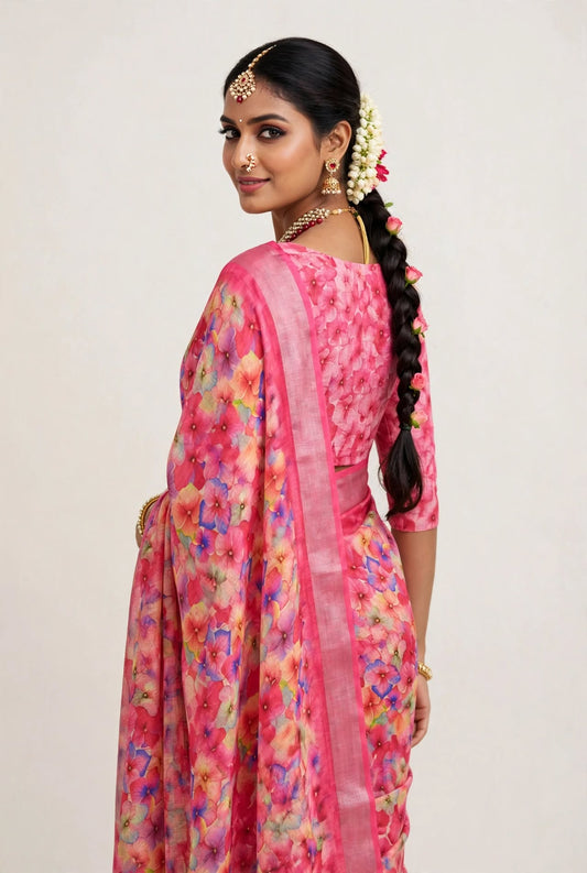 Premium Pure Linen Cotton Floral Chevron Saree