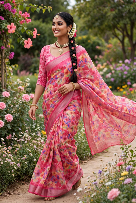 Premium Pure Linen Cotton Floral Chevron Saree