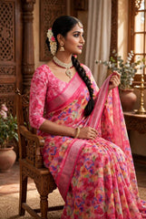 Premium Pure Linen Cotton Floral Chevron Saree