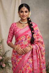 Premium Pure Linen Cotton Floral Chevron Saree