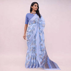 Pure Linen Cotton Floral Saree with Silver Border