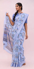 Pure Linen Cotton Floral Saree with Silver Border